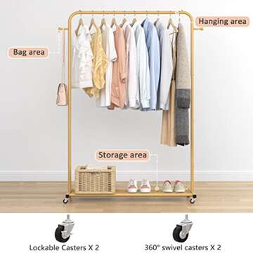 Sywhitta Clothes Rack on wheels, Clothing Rack with Bottom Mesh Storage Shelf,Sturdy Metal Frame,Rolling Garment Rack for Hanging Clothes,Coats,Skirts,39.76" L x 16" W x 64.56" H,Golden