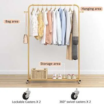 Sywhitta Clothes Rack on wheels, Clothing Rack with Bottom Mesh Storage Shelf,Sturdy Metal Frame,Rolling Garment Rack for Hanging Clothes,Coats,Skirts,39.76" L x 16" W x 64.56" H,Golden