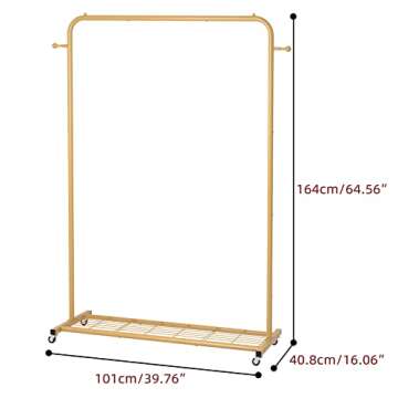 Sywhitta Clothes Rack on wheels, Clothing Rack with Bottom Mesh Storage Shelf,Sturdy Metal Frame,Rolling Garment Rack for Hanging Clothes,Coats,Skirts,39.76" L x 16" W x 64.56" H,Golden