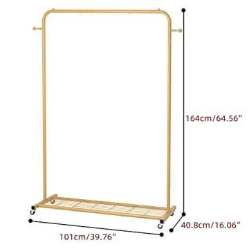 Sywhitta Clothes Rack on wheels, Clothing Rack with Bottom Mesh Storage Shelf,Sturdy Metal Frame,Rolling Garment Rack for Hanging Clothes,Coats,Skirts,39.76" L x 16" W x 64.56" H,Golden