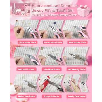 Toolour Jewelry Pliers Set Jeweler Making Tools with 6 Rolls Beading Wire Kit for Jewelry Supplies DIY Hobby Repair Crimping Wrapping,Pink Professional Craft Pliers for Adults Beginner