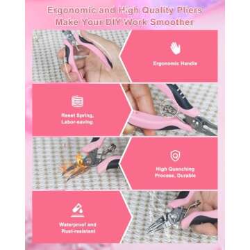 Toolour Jewelry Pliers Set Jeweler Making Tools with 6 Rolls Beading Wire Kit for Jewelry Supplies DIY Hobby Repair Crimping Wrapping,Pink Professional Craft Pliers for Adults Beginner