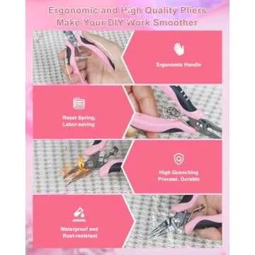 Toolour Jewelry Pliers Set Jeweler Making Tools with 6 Rolls Beading Wire Kit for Jewelry Supplies DIY Hobby Repair Crimping Wrapping,Pink Professional Craft Pliers for Adults Beginner