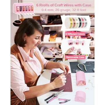 Toolour Jewelry Pliers Set Jeweler Making Tools with 6 Rolls Beading Wire Kit for Jewelry Supplies DIY Hobby Repair Crimping Wrapping,Pink Professional Craft Pliers for Adults Beginner