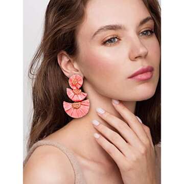 Stylish Pink Boho Raffia Earrings - Handmade Beaded Statement Jewelry