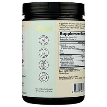 Winged Glow Up Collagen Powder | Better Hair, Skin, Nails for Women | Grass Fed Collagen Peptides w/Adaptogen Schisandra, Snow Mushroom, Vitamin C & Biotin | Unflavored (25 Servings), Non GMO