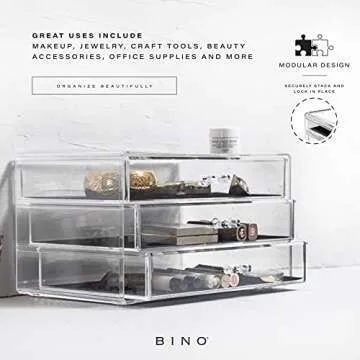 BINO | 3-Drawer Makeup Organizer, Park Avenue | THE MANHATTAN SERIES | Modular Design Storage Drawers | Vanity Acrylic Organizers | Stackable Storage Bins | Clear Makeup Organizers And Storage