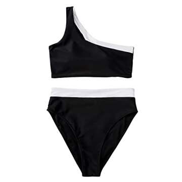 MOOSLOVER Women Cutout One Shoulder High Waisted Bikini High Cut Two Piece Swimsuits(M,Black White)