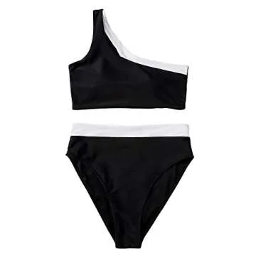 MOOSLOVER Women Cutout One Shoulder High Waisted Bikini High Cut Two Piece Swimsuits(M,Black White)