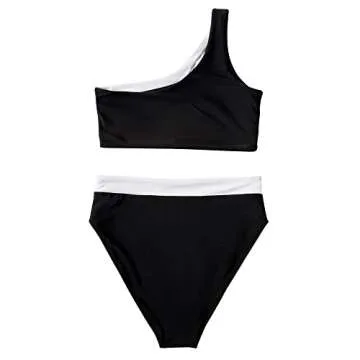 MOOSLOVER Women Cutout One Shoulder High Waisted Bikini High Cut Two Piece Swimsuits(M,Black White)