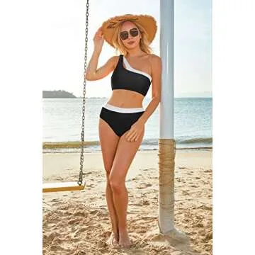 MOOSLOVER Women Cutout One Shoulder High Waisted Bikini High Cut Two Piece Swimsuits(M,Black White)