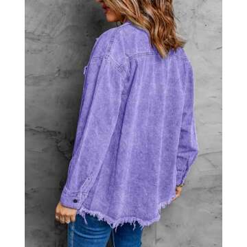 Vetinee Western Jackets for Women Oversized Boyfriend Aster Purple Front Button Up Frayed Raw Hem Lo...