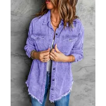 Vetinee Western Jackets for Women Oversized Boyfriend Aster Purple Front Button Up Frayed Raw Hem Long Sleeve Pockets Denim Jean Jacket Shacket Small Size 4 Size 6
