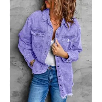 Vetinee Western Jackets for Women Oversized Boyfriend Aster Purple Front Button Up Frayed Raw Hem Long Sleeve Pockets Denim Jean Jacket Shacket Small Size 4 Size 6