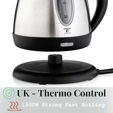 Moss & Stone Stainless Steel Electric Kettle Small, Cordless 1.2L Portable Hot Water Kettle Electric...