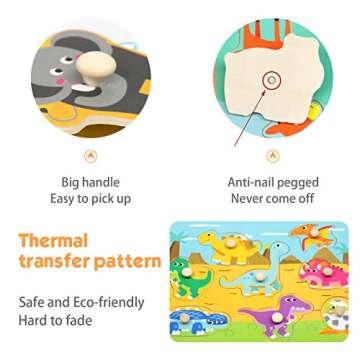 WOOD CITY Toddler Puzzles and Rack Set, Wooden Peg Puzzles Bundle with Storage Holder Rack, Educational Knob Puzzle for Kids Age 2 3 4 Years - Alphabet Number Shape Dinosaur Animal Vehicle