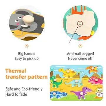 WOOD CITY Toddler Puzzles and Rack Set, Wooden Peg Puzzles Bundle with Storage Holder Rack, Educational Knob Puzzle for Kids Age 2 3 4 Years - Alphabet Number Shape Dinosaur Animal Vehicle