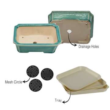 FFPOPU 3-Packs Ceramic Bonsai Pots with Drainage Tray, 6-inch Cute Bonsai Tree Pot with Ice Cracked Glaze, Small Bonsai Planter Pot for Desktop Decoration