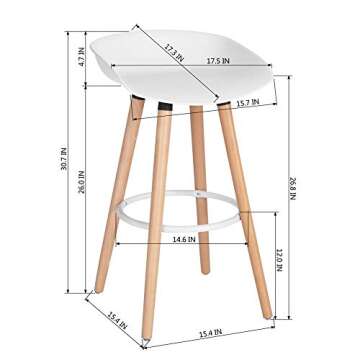VALARS FurnitureR Modern PP White Plastic Bar Stool Height Barstools Kitchen Dining Bar Stools Chairs Set of 2 with Wooden Legs for Coffee Shop, Home Bar, Club, Pub, Home Balcony