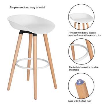 VALARS FurnitureR Modern PP White Plastic Bar Stool Height Barstools Kitchen Dining Bar Stools Chairs Set of 2 with Wooden Legs for Coffee Shop, Home Bar, Club, Pub, Home Balcony