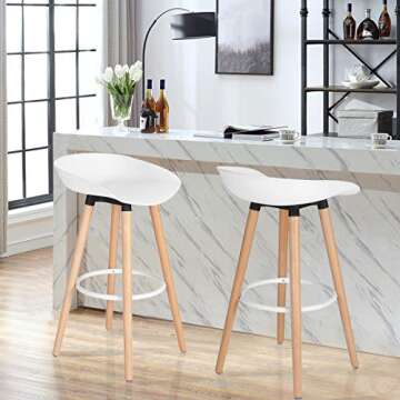 VALARS FurnitureR Modern PP White Plastic Bar Stool Height Barstools Kitchen Dining Bar Stools Chairs Set of 2 with Wooden Legs for Coffee Shop, Home Bar, Club, Pub, Home Balcony