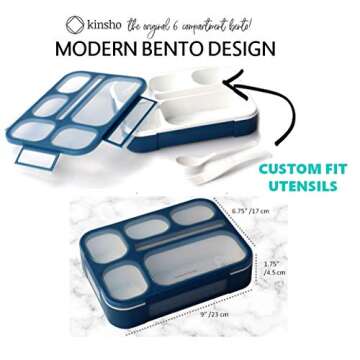 kinsho Bento Lunch Box Kids, Leakproof Lunch Containers for Boys Girls Adults with 6 Compartments - School, Daycare, Meal Planning Portion Control Container, BPA-Free Boxes, Utensils, Navy Blue