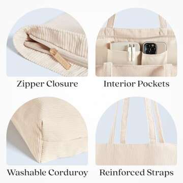 VANDEL Corduroy Tote Bag for Women and Men with Zipper and Inner Pockets. Cute School Tote Bag with Zipper, Aesthetic