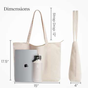 VANDEL Corduroy Tote Bag for Women and Men with Zipper and Inner Pockets. Cute School Tote Bag with Zipper, Aesthetic