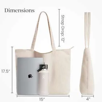 VANDEL Corduroy Tote Bag for Women and Men with Zipper and Inner Pockets. Cute School Tote Bag with Zipper, Aesthetic