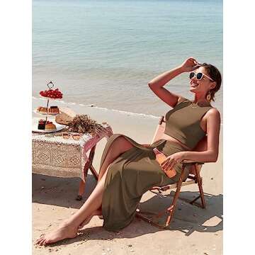 ZAFUL Women's Casual Sleeveless Summer Two Piece Outfits Crop Top and Side Split Draped Ruched Maxi Skirt Set Solid Suiting