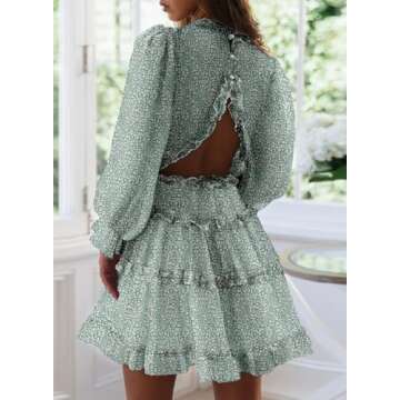 Dokotoo Womens Casual Female Summer Sexy V Neckline Long Sleeve Leopard Print Mini Dress Boho Fashion Skater A Line Ruffle Hem Pleated Dresses Green Medium