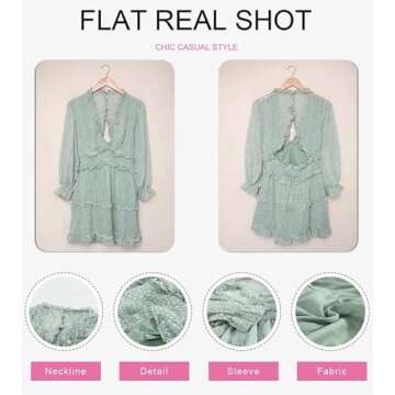 Dokotoo Womens Casual Female Summer Sexy V Neckline Long Sleeve Leopard Print Mini Dress Boho Fashion Skater A Line Ruffle Hem Pleated Dresses Green Medium