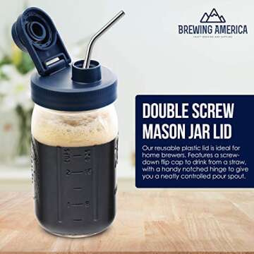 Brewing America Glass Mason Jar Pitcher with Lid - Ball Jar, 1 Quart (32 oz) with Blue Wide Mouth Ma...