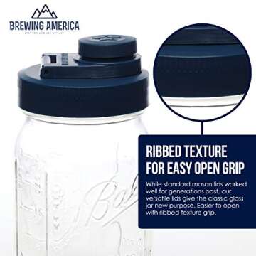 Brewing America Glass Mason Jar Pitcher with Lid - Ball Jar, 1 Quart (32 oz) with Blue Wide Mouth Mason Jar Pour Lid, for Smoothie, Boba Cup, Sun Tea Jar, Cold Coffee Glass Tumbler, 1-Pack