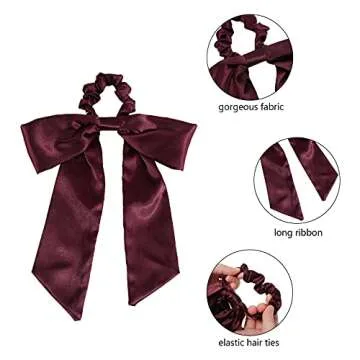 Hair Scrunchies with Bow Elastic Hair Ribbons Satin Hair Ties Bowknot Ponytail Holder Hair Scarf with Solid Color For Women Girls (Navy + wine red + black)