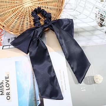 Hair Scrunchies with Bow Elastic Hair Ribbons Satin Hair Ties Bowknot Ponytail Holder Hair Scarf with Solid Color For Women Girls (Navy + wine red + black)