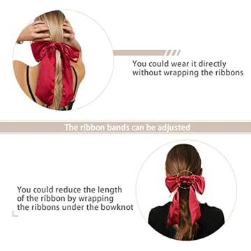 Hair Scrunchies with Bow Elastic Hair Ribbons Satin Hair Ties Bowknot Ponytail Holder Hair Scarf with Solid Color For Women Girls (Navy + wine red + black)