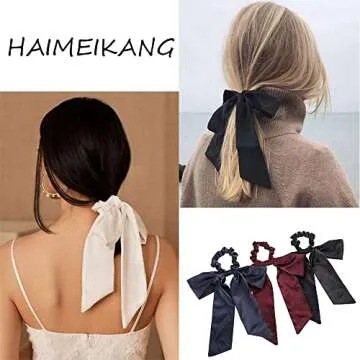 Hair Scrunchies with Bow Elastic Hair Ribbons Satin Hair Ties Bowknot Ponytail Holder Hair Scarf with Solid Color For Women Girls (Navy + wine red + black)