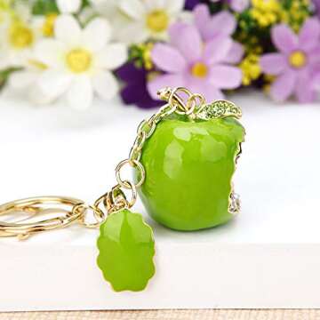 QTKJ Cute Apple Metal Keychain Tassel Charms - Green Key Ring for Bags & Gifts