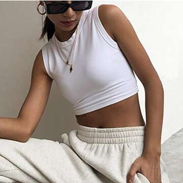 Meladyan Womens Round Neck Crop Top Basic Solid Cotton Tank Sleeveless Vest Crop Tee (White, M)