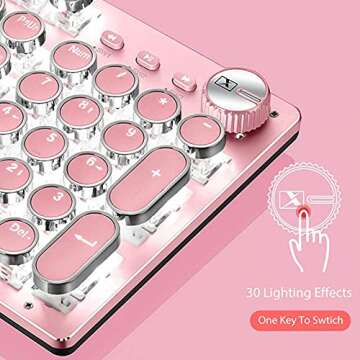 Basaltech Mechanical Gaming Keyboard and Mouse Combo, Retro Steampunk Vintage Typewriter-Style Keyboard with LED Backlit, 104-Key Anti-Ghosting Blue Switch Wired USB Metal Panel Round Keycaps, Pink