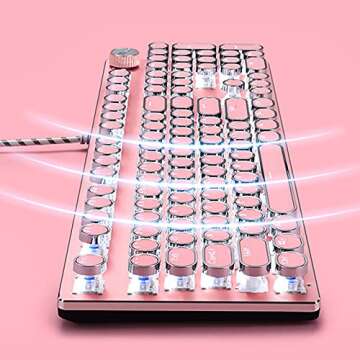 Basaltech Mechanical Gaming Keyboard and Mouse Combo, Retro Steampunk Vintage Typewriter-Style Keyboard with LED Backlit, 104-Key Anti-Ghosting Blue Switch Wired USB Metal Panel Round Keycaps, Pink