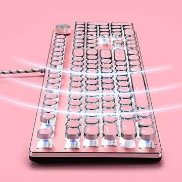 Basaltech Mechanical Gaming Keyboard and Mouse Combo, Retro Steampunk Vintage Typewriter-Style Keyboard with LED Backlit, 104-Key Anti-Ghosting Blue Switch Wired USB Metal Panel Round Keycaps, Pink