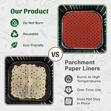 Reusable Silicone Air Fryer Liners 8.5 Inch by Linda’s Essentials (3 Pack, Square) - Non Stick Easy Clean Air Fryer Liners Reusable Mats Air Fryer Accessories Includes Cheat Sheet And Recipe Book