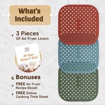 Reusable Silicone Air Fryer Liners 8.5 Inch by Linda’s Essentials (3 Pack, Square) - Non Stick Easy Clean Air Fryer Liners Reusable Mats Air Fryer Accessories Includes Cheat Sheet And Recipe Book