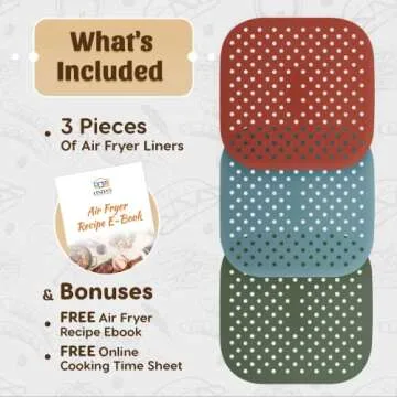 Reusable Silicone Air Fryer Liners 8.5 Inch by Linda’s Essentials (3 Pack, Square) - Non Stick Easy Clean Air Fryer Liners Reusable Mats Air Fryer Accessories Includes Cheat Sheet And Recipe Book