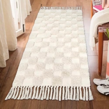 Lanffia Boho Checkered Tufted Rug Washable Stylish 2x5 Runner