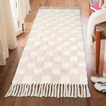 Lanffia Boho Checkered Tufted Rug Washable Stylish 2x5 Runner