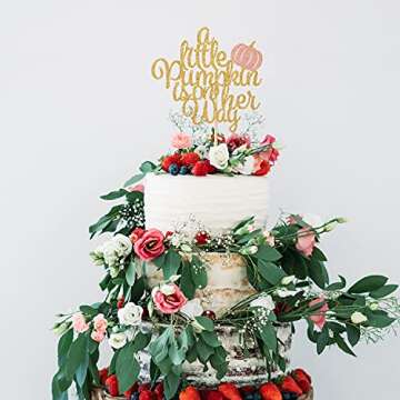 A Little Pumpkin is on Her Way Cake Topper, Baby Girl Fall Baby Shower 1st Birthday Party Decorations, Thanksgiving Fall Pumpkin Theme Party Cake Decorations Supplies Gold Glitter