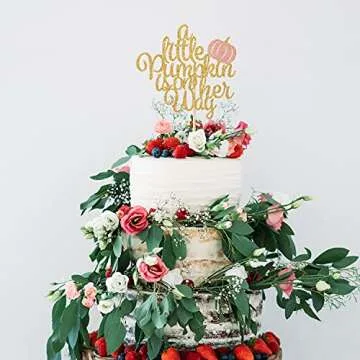 A Little Pumpkin is on Her Way Cake Topper, Baby Girl Fall Baby Shower 1st Birthday Party Decorations, Thanksgiving Fall Pumpkin Theme Party Cake Decorations Supplies Gold Glitter